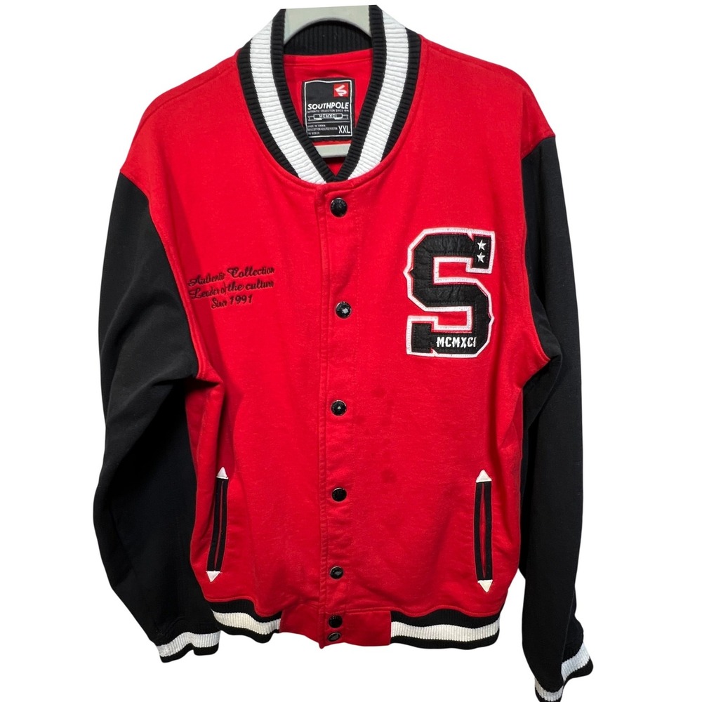 Southpole Mens XXL Red Black Varsity Bomber Jacket Chenille Patch Fleece Snap
